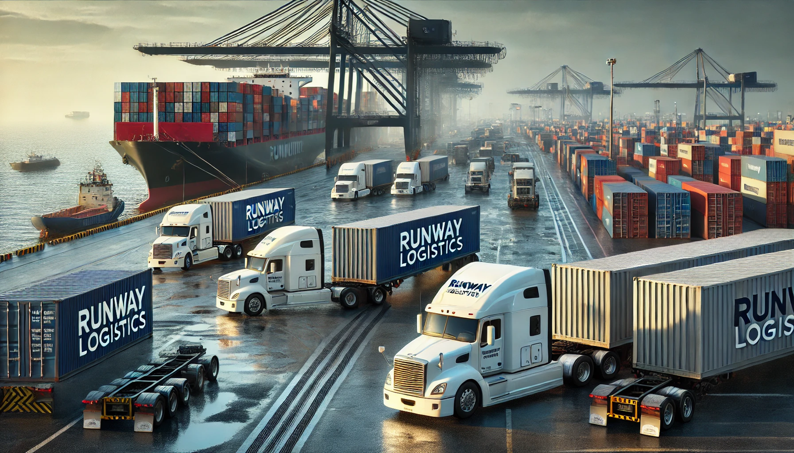 DALL·E 2025-02-06 23.40.06 - A hyper-realistic image of a busy shipping port with multiple semi-trucks